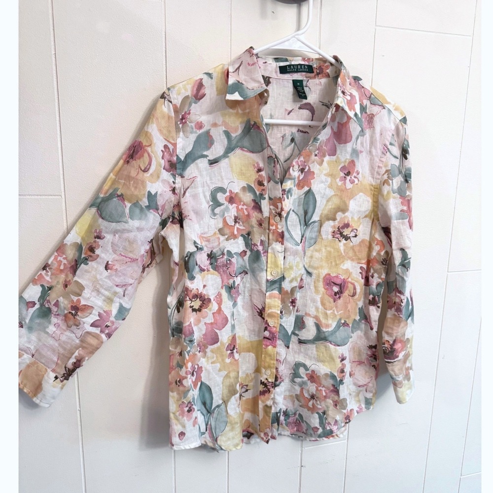 Lauren Ralph Lauren Floral Linen Button Down Shirt Medium 3/4 Sleeve Designer - Picture 3 of 5